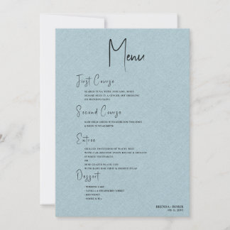 Blue linen Simple Black Script Weduwmenu Kaart