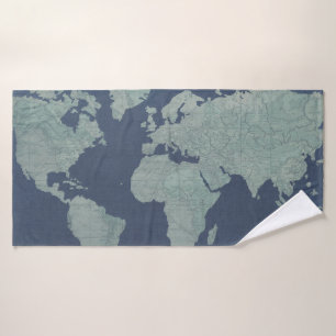 Blue Linen-Wereldkaart Bad Handdoek