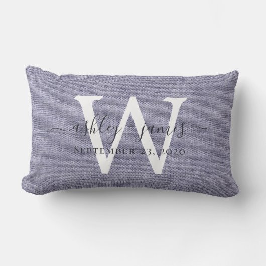 Blue Linen White Monogram Wedding Keepomwille Kussen (Voorkant)