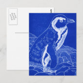 Blue Linocut Penguin Briefkaart (Voorkant / Achterkant)