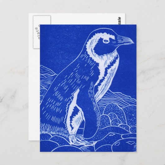 Blue Linocut Penguin Briefkaart (Voorkant / Achterkant)