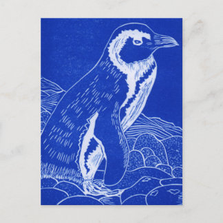Blue Linocut Penguin Briefkaart