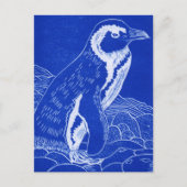 Blue Linocut Penguin Briefkaart (Voorkant)