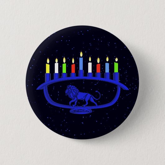 Blue Lion Menorah Ronde Button 5,7 Cm (Voorkant)
