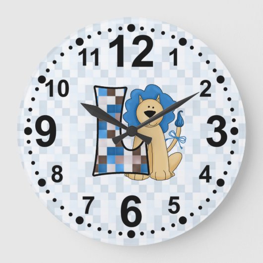 Blue Lion voor Letter L en Patchwork Patroonbakken Grote Klok (Voorkant)