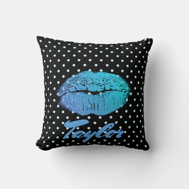 Blue Lips Kiss Zwart en blauw polka dot patroon Kussen (Voorkant)