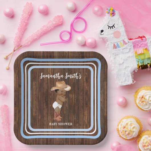 Blue Little AA Cowboy Western Baby shower Papieren Bordje (Feest)