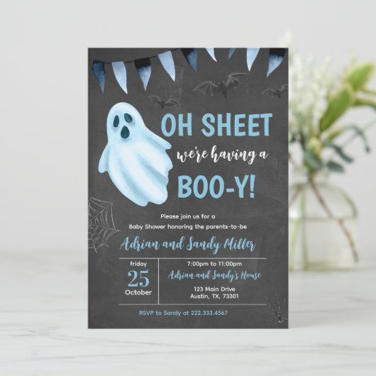 Blue Little Boo Baby shower Invitation Kaart (Staand voorkant)