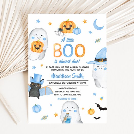 Blue Little Boo Ghost Baby shower Kaart