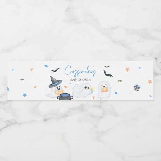 Blue Little Boo Halloween Baby shower Waterfles Etiket (Enkel label)