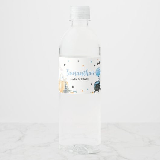Blue Little Boo Pumpkin Halloween Baby shower Waterfles Etiket (Voorkant)