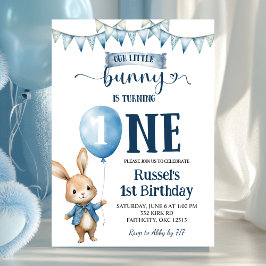 Blue Little Bunny First Birthday Invitation Kaart