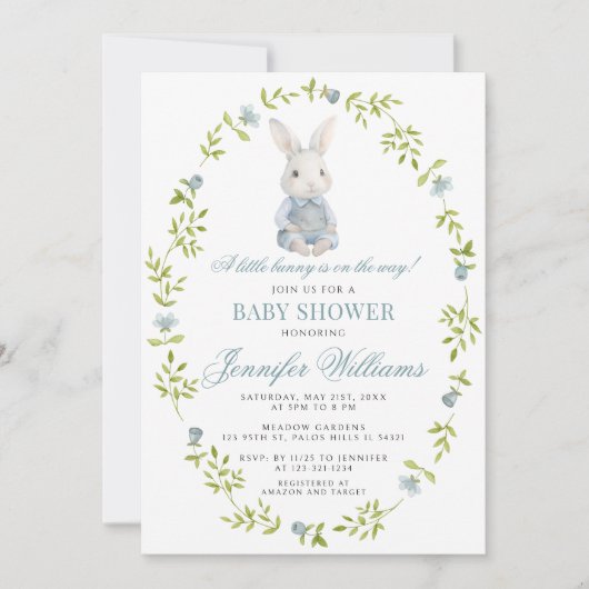 Blue Little Bunny Spring Pasen Baby Boy Shower Kaart (Voorkant)