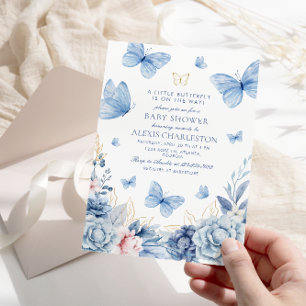 Blue Little Butterfly Flowers Boy Baby shower Kaart