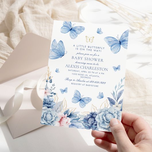 Blue Little Butterfly Flowers Boy Baby shower Kaart