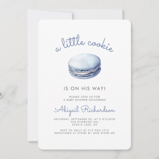 Blue Little Cookie Macaron QR Code Boy Baby shower Kaart (Voorkant)
