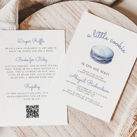 Blue Little Cookie Macaron QR Code Boy Baby Shower Kaart