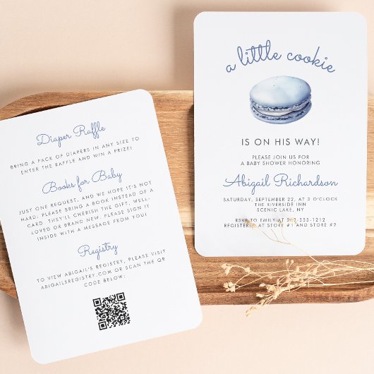 Blue Little Cookie Macaron QR Code Boy Baby shower Kaart