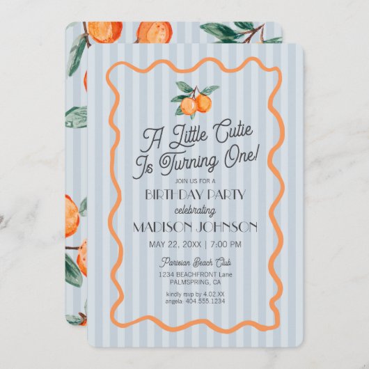 Blue Little Cutie Pastel Citrus Theme Verjaardag Kaart (Voorkant / Achterkant)