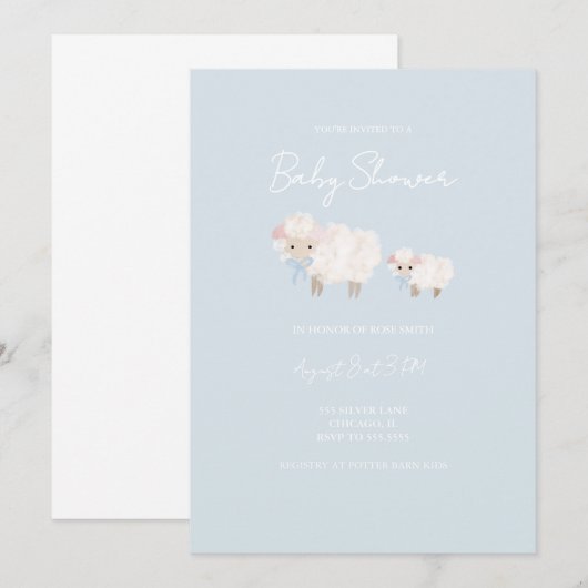 Blue Little Lamb Baby shower Invitation Kaart (Voorkant / Achterkant)