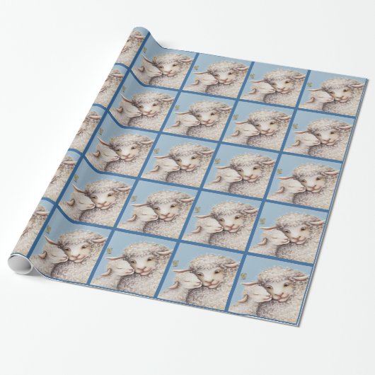 Blue Little Lamb Wrapping Paper Cadeaupapier (Uitgerold)