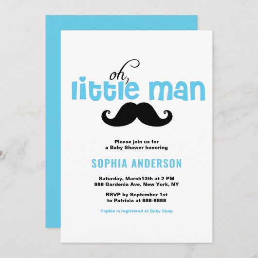 Blue Little Man Mustache Baby shower Invitation Kaart (Voorkant / Achterkant)