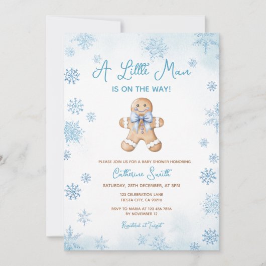 Blue Little Man Snowflakes Gingerbread Baby Shower Kaart (Voorkant)