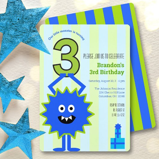 Blue Little Monster 3rd Birthday Boy Fun Schattige Kaart