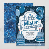 Blue Little Mr. Threenager Uitnodiging voor Jongen (Voorkant / Achterkant)