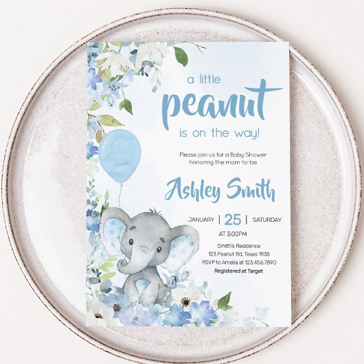 Blue Little Peanut Elephant Baby shower Kaart