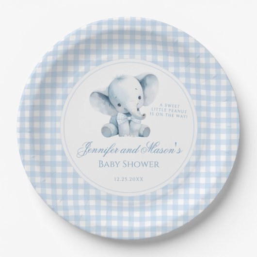 Blue Little Peanut Elephant Bow Baby Boy Shower Papieren Bordje (Voorkant)