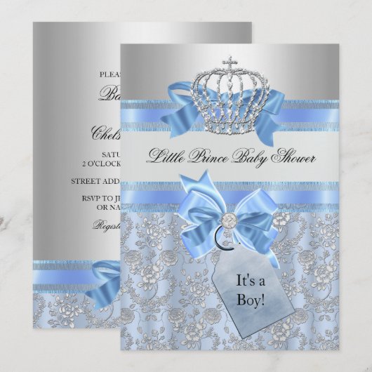 Blue Little Prince Crown Baby shower Invitation Kaart (Voorkant / Achterkant)