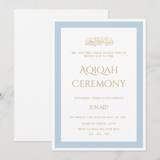 Blue Little Prince Minimal Gold Aqiqah Ceremonie Kaart (Voorkant / Achterkant)