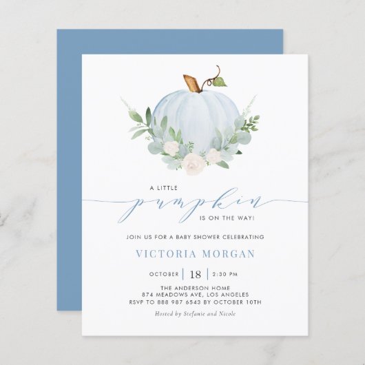 Blue Little Pumpkin Autumn Baby shower Invitation (Voorkant / Achterkant)