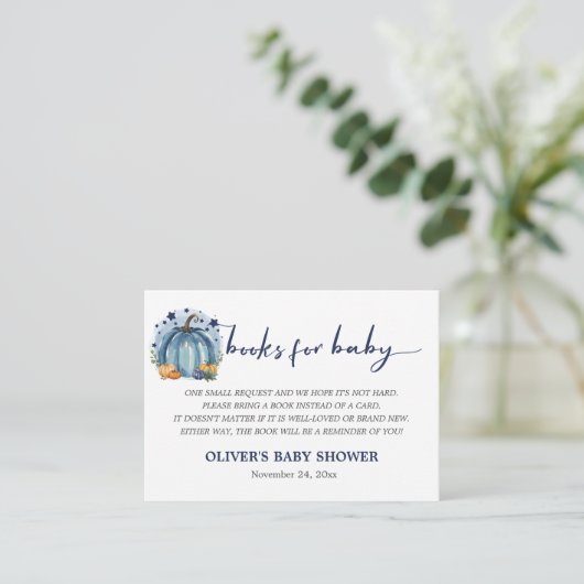 Blue Little Pumpkin Baby Boy Shower Boek Verzoek Informatiekaartje (Staand voorkant)