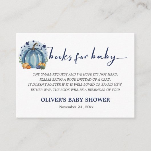 Blue Little Pumpkin Baby Boy Shower Boek Verzoek Informatiekaartje (Voorkant)