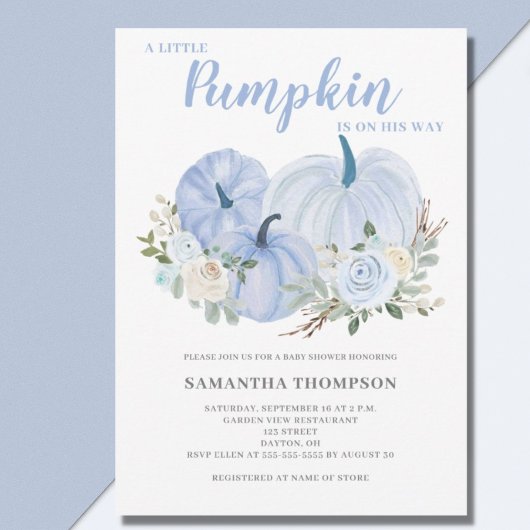 Blue Little Pumpkin Baby shower Invitation Kaart