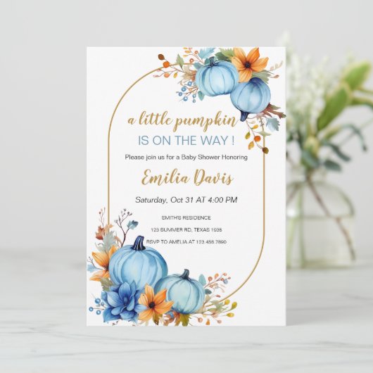 Blue Little Pumpkin Baby Shower Uitnodigingen (Staand voorkant)