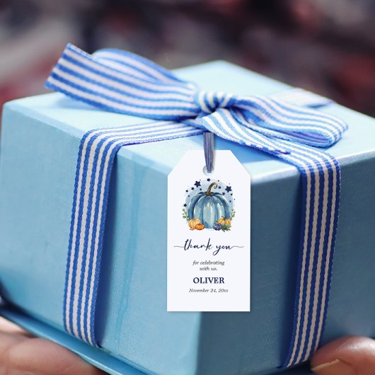 Blue Little Pumpkin Boy Baby shower Bedankt Cadeaulabel