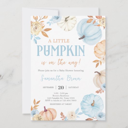 Blue Little Pumpkin Fall Baby Shower Kaart (Voorkant)