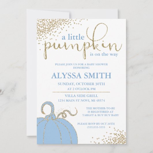 Blue Little Pumpkin Herfst Baby shower Invitation Kaart (Voorkant)