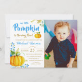 Blue Little Pumpkin Herfst Boy Birthday Foto Kaart (Voorkant)