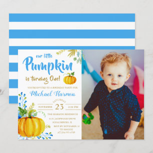 Blue Little Pumpkin Herfst Boy Birthday Foto Kaart