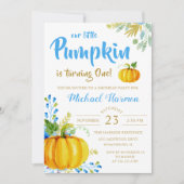Blue Little Pumpkin Herfst Boy Birthday Invitation Kaart (Voorkant)