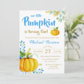 Blue Little Pumpkin Herfst Boy Birthday Invitation Kaart (Staand voorkant)