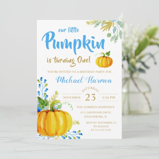 Blue Little Pumpkin Herfst Boy Birthday Invitation Kaart (Staand voorkant)