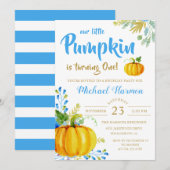 Blue Little Pumpkin Herfst Boy Birthday Invitation Kaart (Voorkant / Achterkant)
