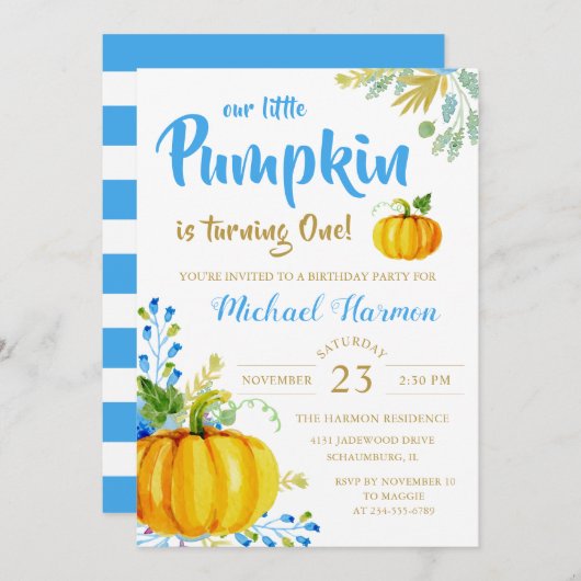 Blue Little Pumpkin Herfst Boy Birthday Invitation Kaart (Voorkant / Achterkant)