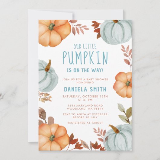 Blue Little Pumpkin is onderweg naar het Baby show Kaart (Voorkant)