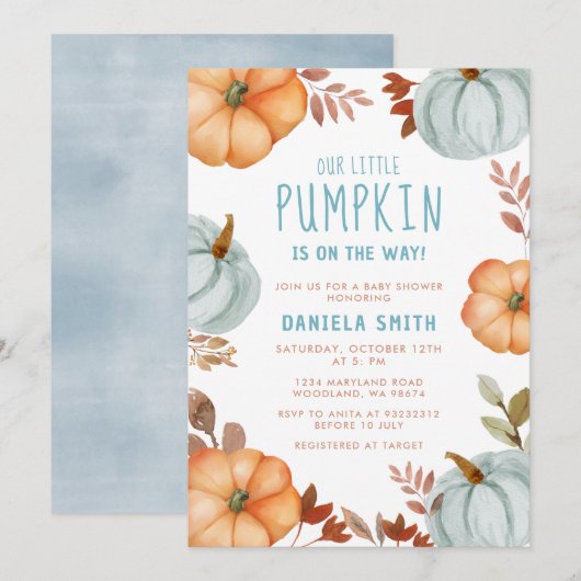 Blue Little Pumpkin is onderweg naar het Baby show Kaart (Voorkant / Achterkant)